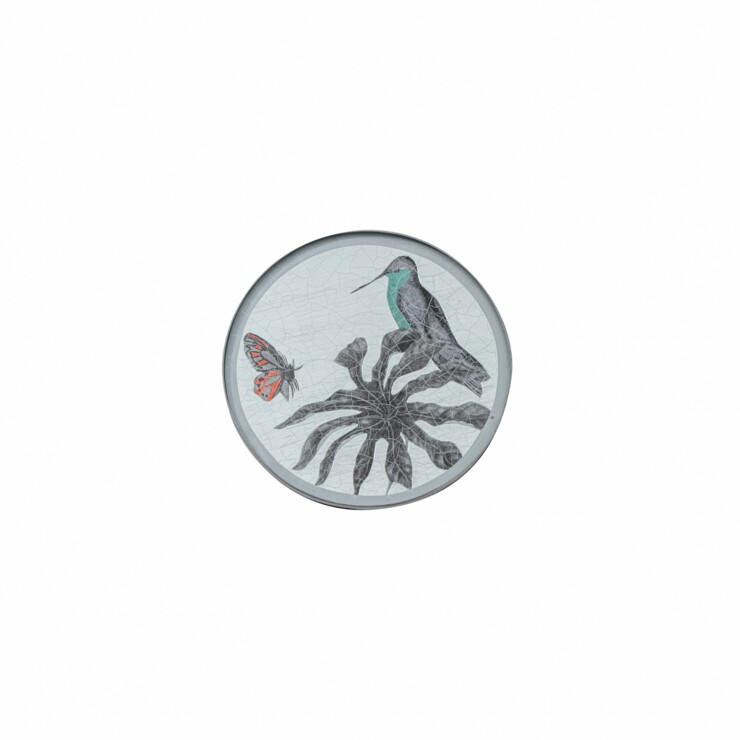 Round Coaster, Black and White Hummingbirds on silver leaf    £23